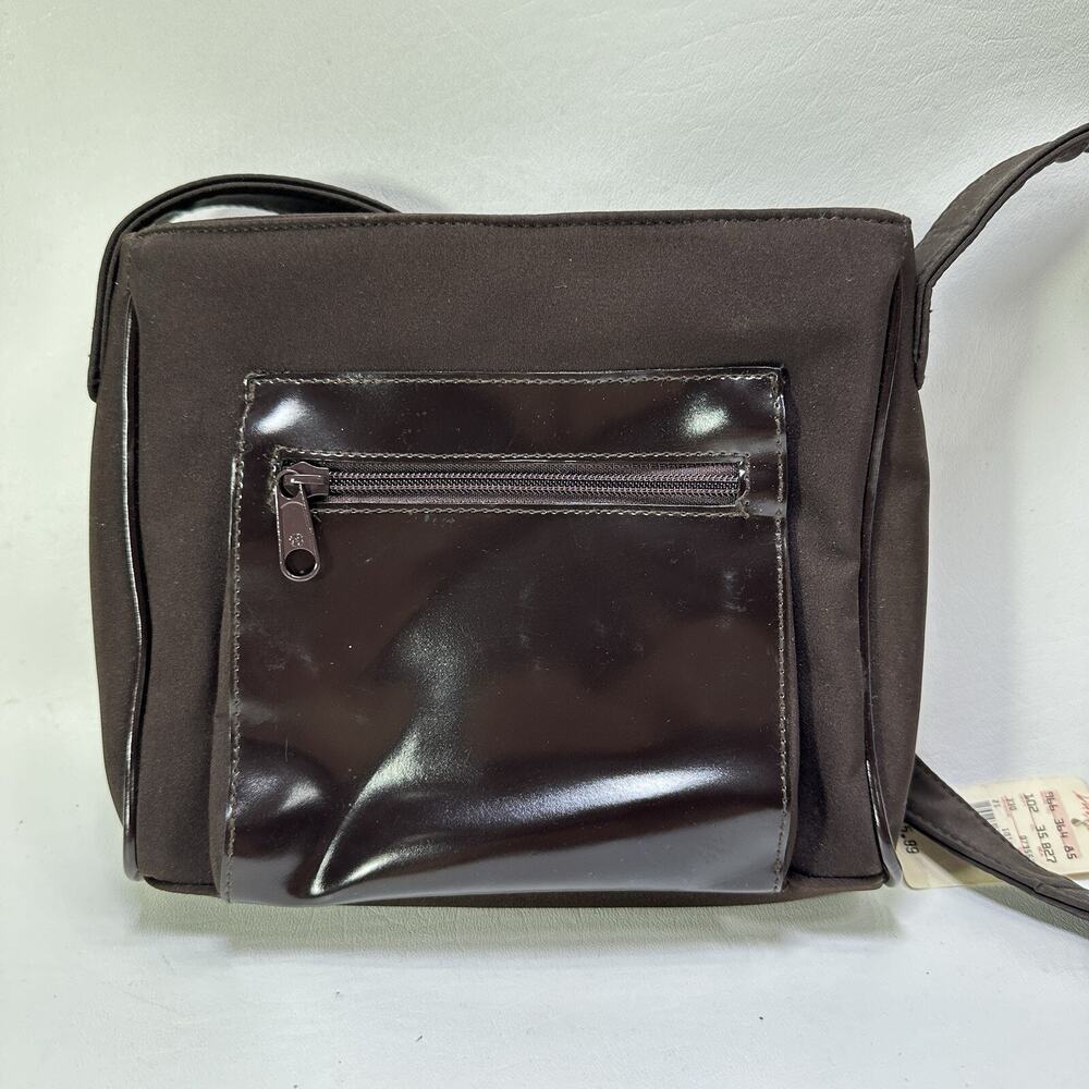 Vtg Lord Taylor Shoulder Handbag Brown Nylon Faux Patent Leather Zip Pockets